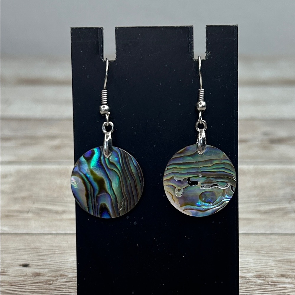 Hand Crafted Iridescent Green-Blue Abalone Round Drop Earrings